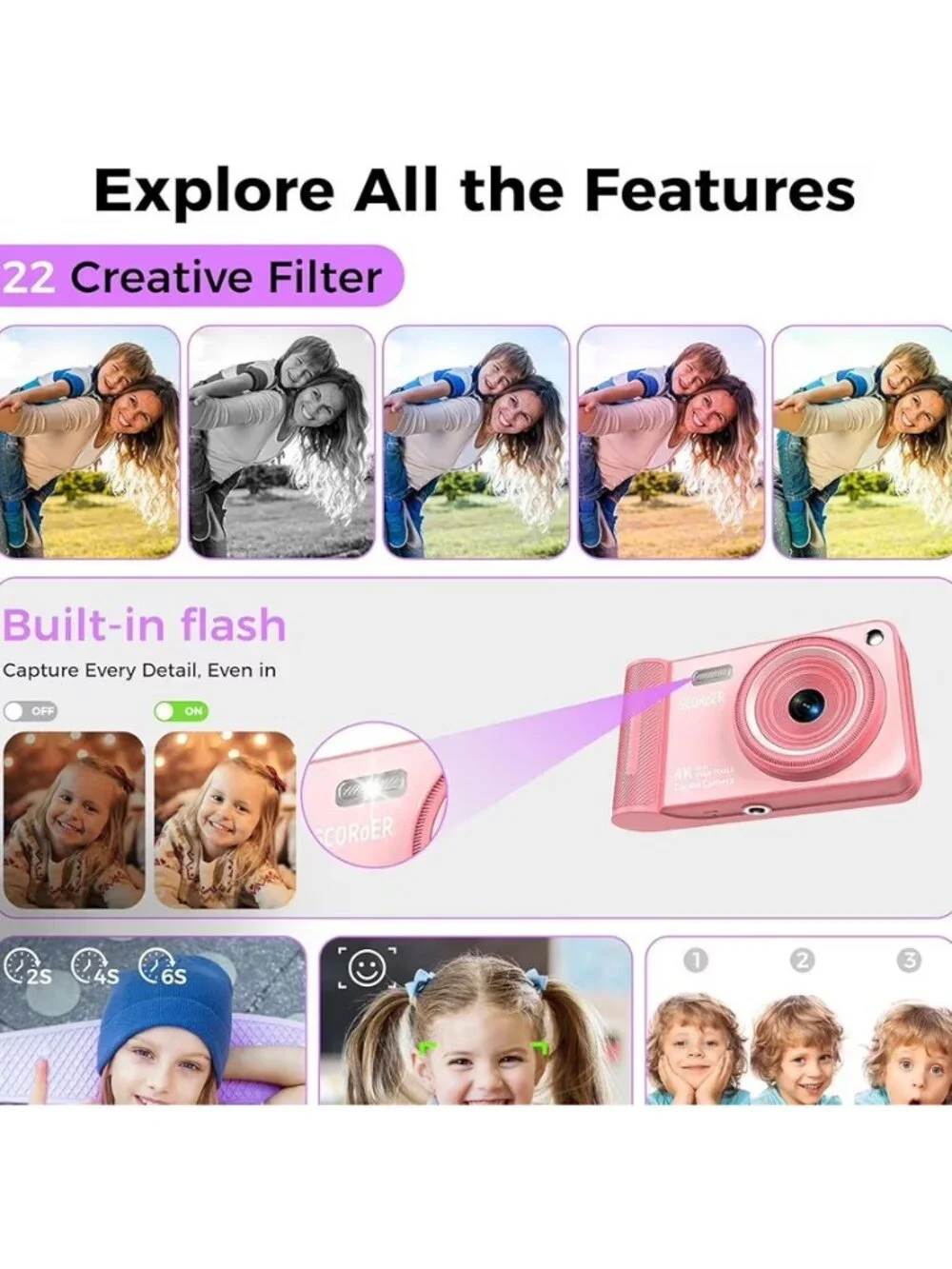 Digital Camera, 4K Vlogging Kids Camera with 44MP & 16X Zoom Anti-Shake, Pink
